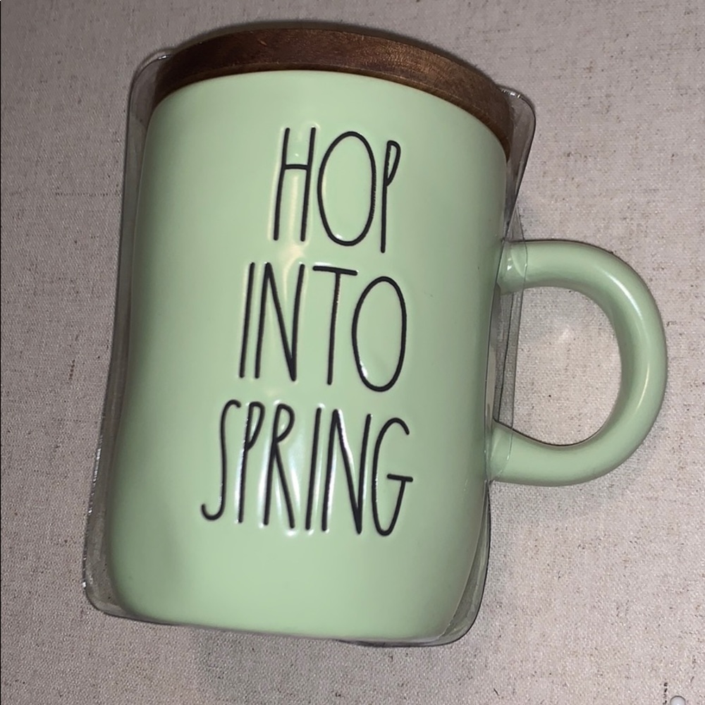 Rae Dunn Hop into Spring mug with wooden top
